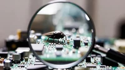 A magnifying glass magnifies a bug crawling on a circuit board.