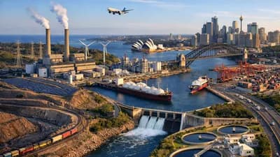 Aerial view showcasing a mix of energy production (power plant, solar, wind, dam), industrial port, various transport, and the Sydney cityscape with its Opera House and Harbour Bridge.