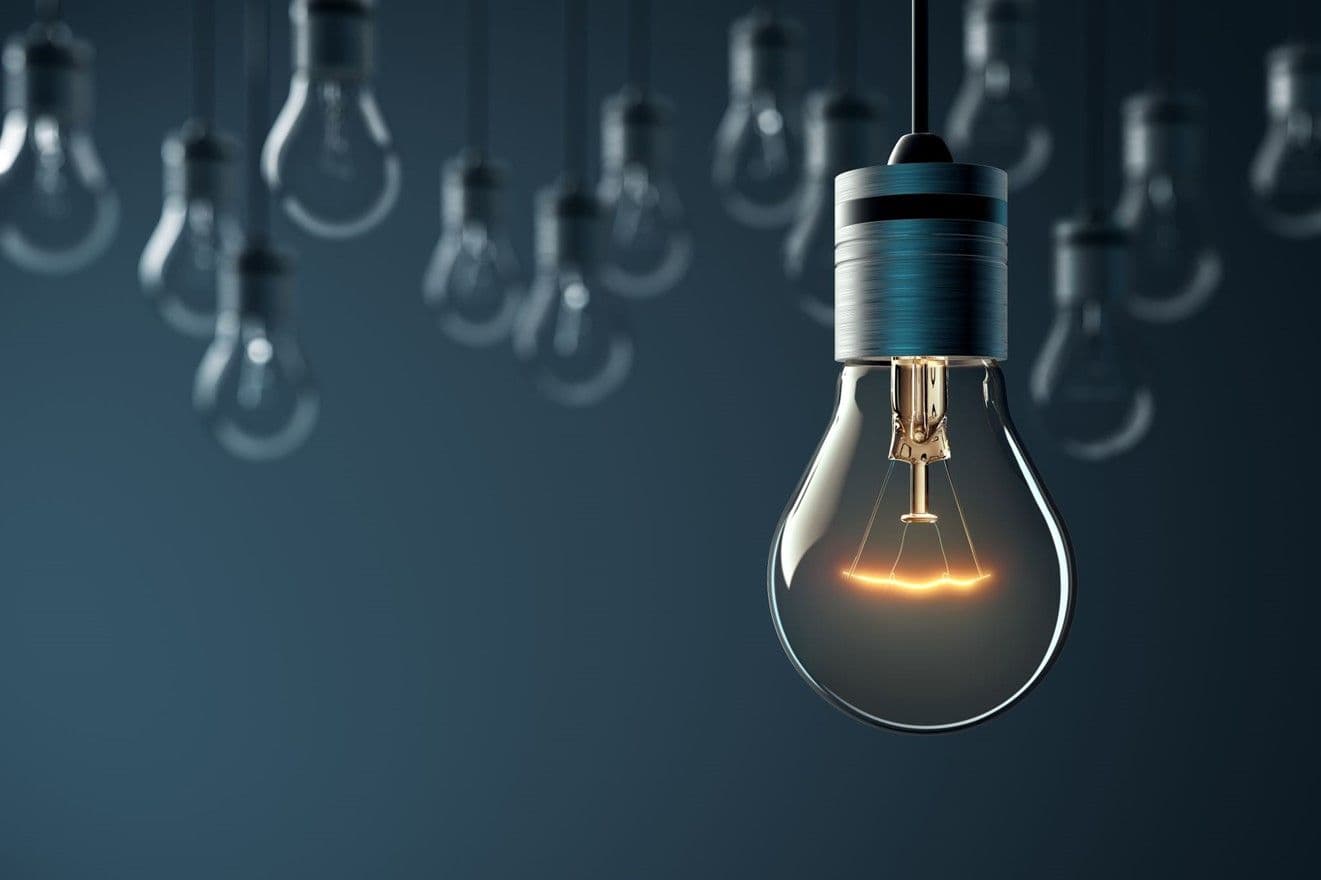 A single glowing light bulb hanging among many dark, blurred bulbs against a dark blue background