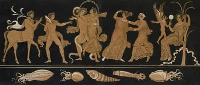 Frieze in the style of Greek vase painting: a centaur playing a lyre beside a young man, a dancing couple, two women and a winged figure