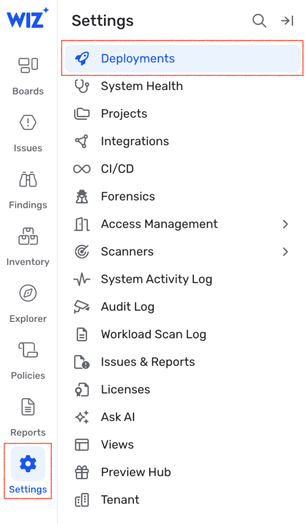 Wiz sidebar navigation with the Settings menu open, showing the Deployments option highlighted