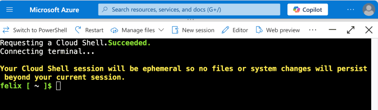 Microsoft Azure Cloud Shell terminal showing a session starting, with a yellow warning that the session is ephemeral