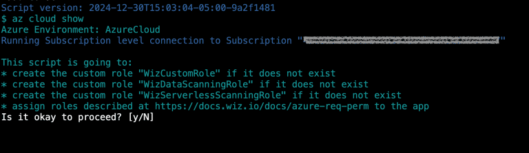 Terminal output of an Azure CLI script prompting to create custom roles for Wiz and assign them to an app, asking "Is it okay to proceed?