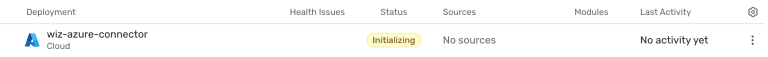 Wiz Azure connector deployment row showing status Initializing with no sources yet
