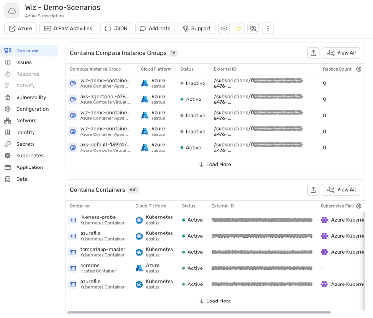 Wiz dashboard for an Azure subscription listing compute instance groups and containers with their status and cloud platform