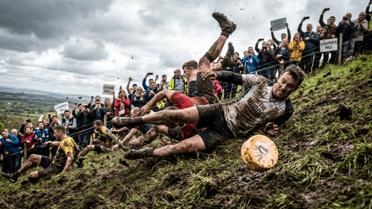 Several muddy men tumble down a steep, grassy hill in pursuit of a rolling cheese wheel, as spectators cheer from the side.
