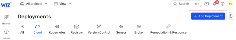 Wiz software interface showing the Deployments page with the Add Deployment button highlighted