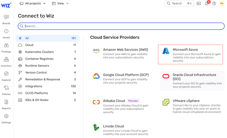 Wiz "Connect to Wiz" screen listing cloud service providers, including AWS, Microsoft Azure, Google Cloud and Oracle Cloud Infrastructure