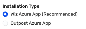 Installation type selector showing Wiz Azure App (Recommended) selected over Outpost Azure App