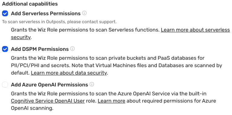 Settings panel showing three additional capability checkboxes: Serverless and DSPM permissions ticked, Azure OpenAI permissions unticked