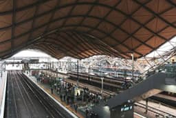 Commuters waiting on a platform beneath a curved steel-and-timber station roof, with trains on several tracks